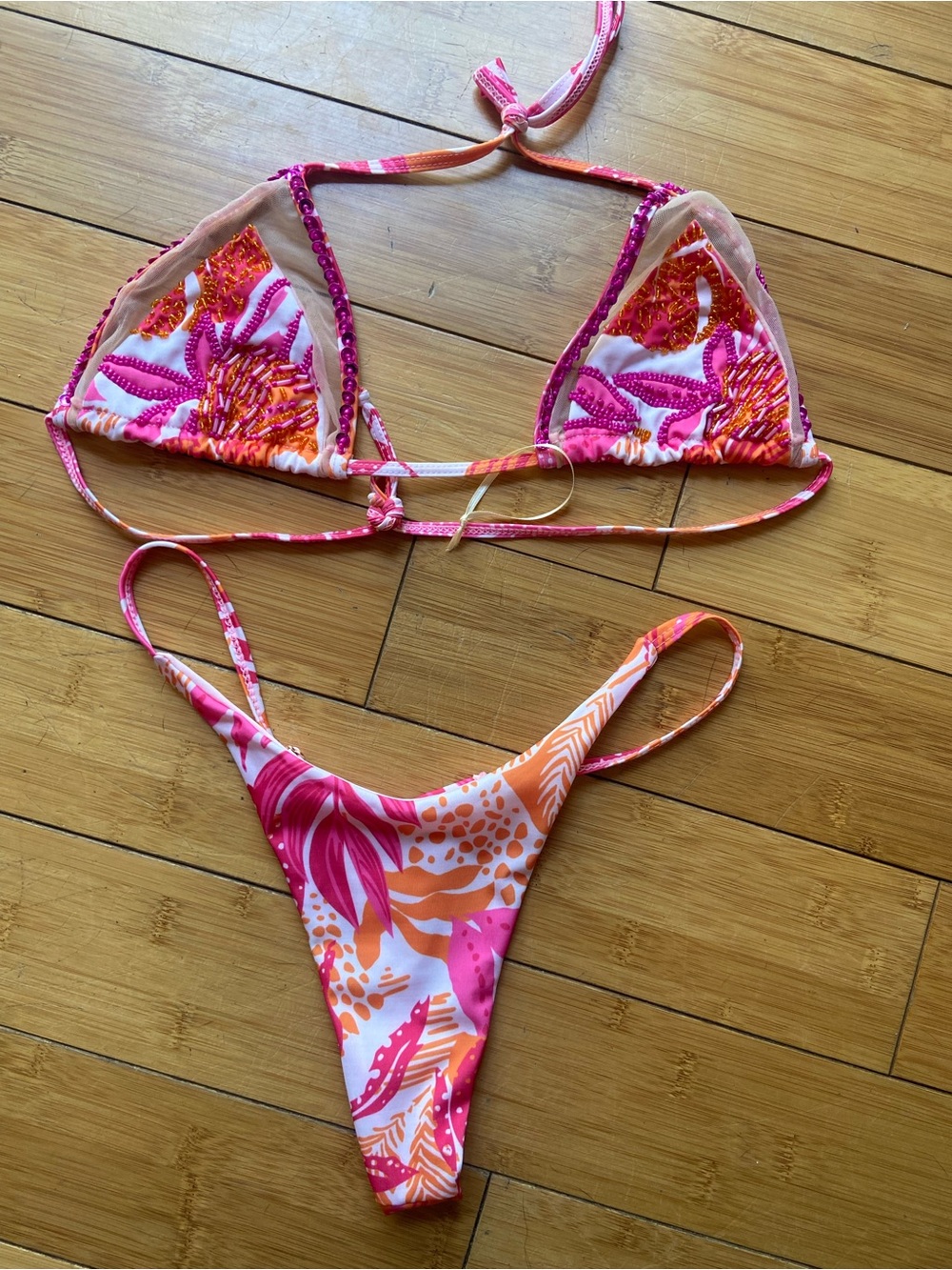 Pink & Orange Floral Beaded Triangle Bikini